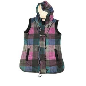 Roxy Women's Colorful Plaid Hooded Vest Medium Zip Up  *